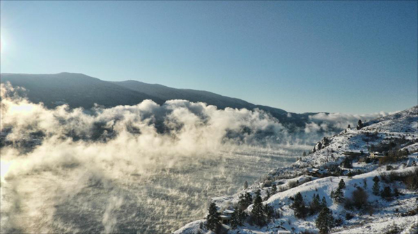 Photo d'une vue du sommet d’une montagne : brume, conifères et neige.